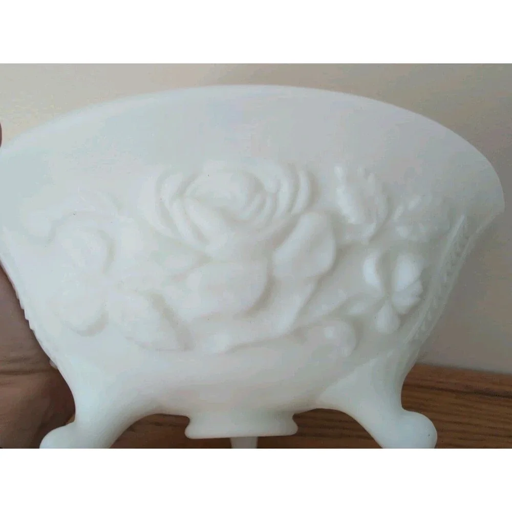 Imperial Frosted White Milk Glass Footed Bowl Rose Pattern Cottage Core